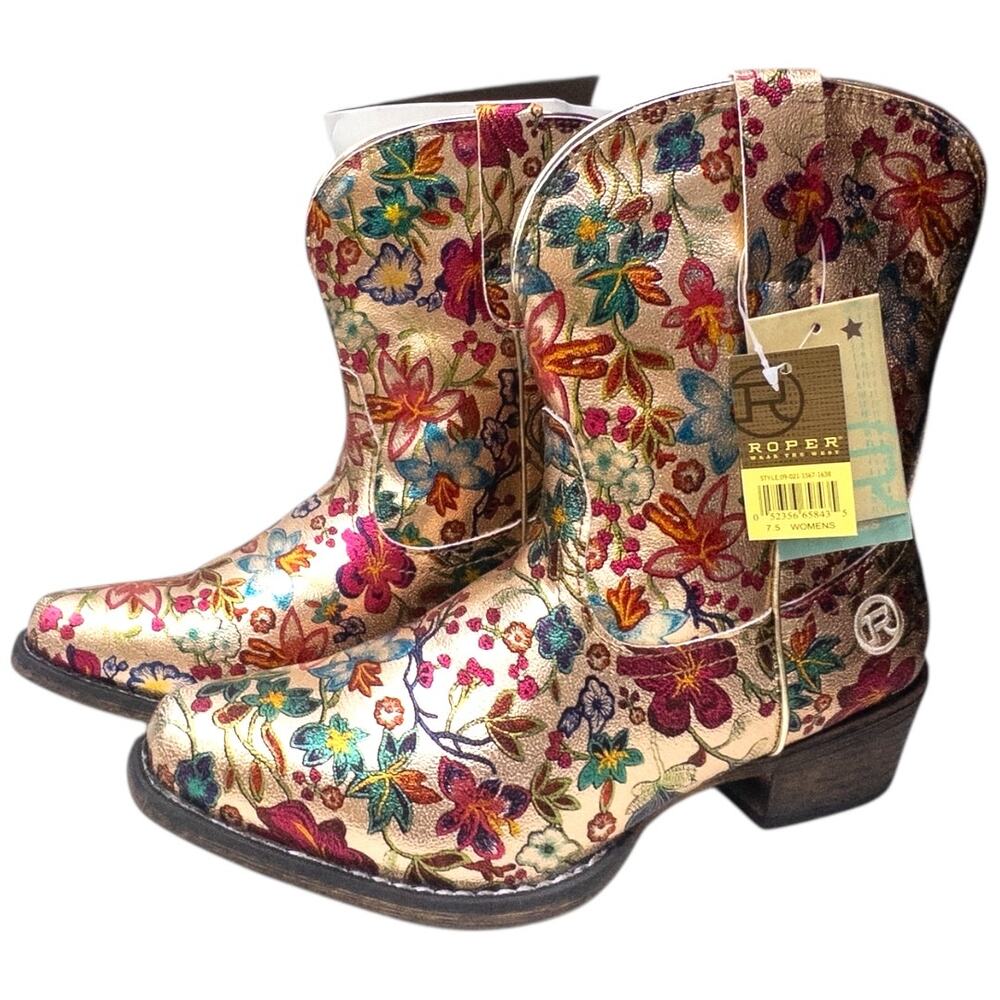 Roper Ingrid Metallic Gold Floral Snip Toe Women's Western Boots Size 7.5 - Picture 2 of 8